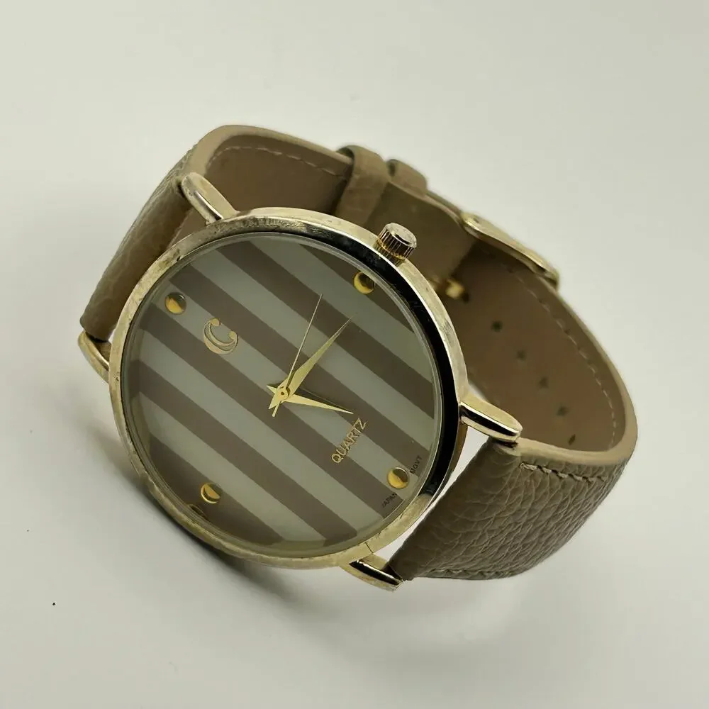 Charming Charlie Stripe Dial Women Quartz Watch Beige Leather Strap New Battery